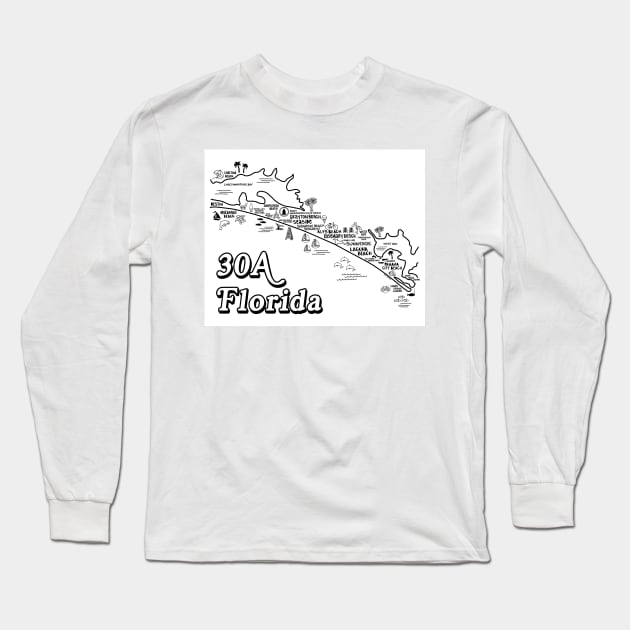 30A Florida Map Art Long Sleeve T-Shirt by fiberandgloss